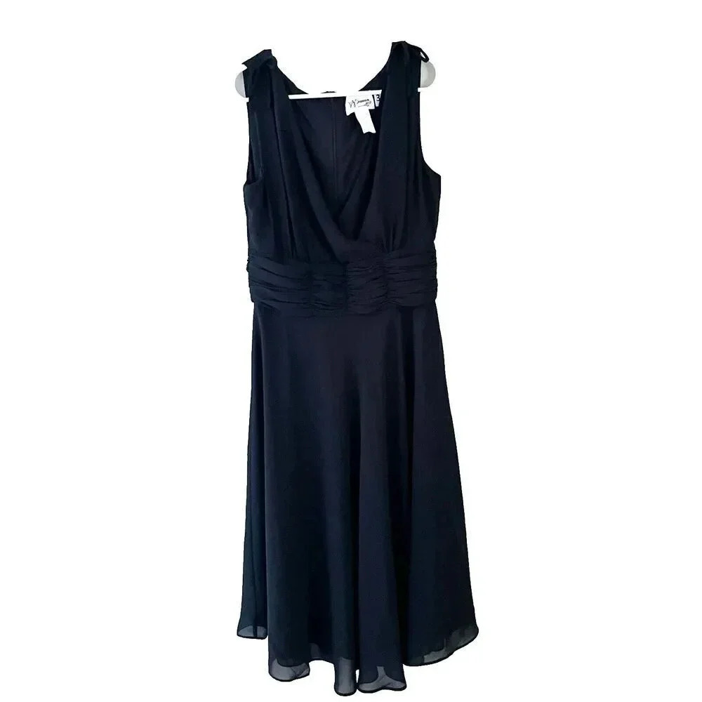 Vtg 90s DJ Summers Womens Black A Line Wrap Dress 10 Sleeveless Ruffled Chiffon